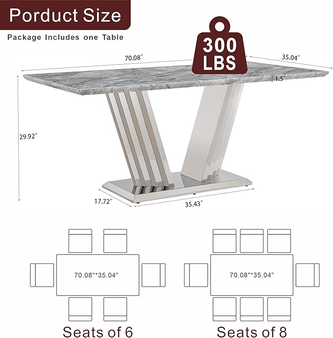 70" Marble Dining Table for 6-8, Modern Luxury Silver Rectangular Large Kitchen Table, Marble Grain MDF Tabletop & Stainless Steel Base, Dinner Furniture for Kitchen Dining Room, Meeting Room, Grey