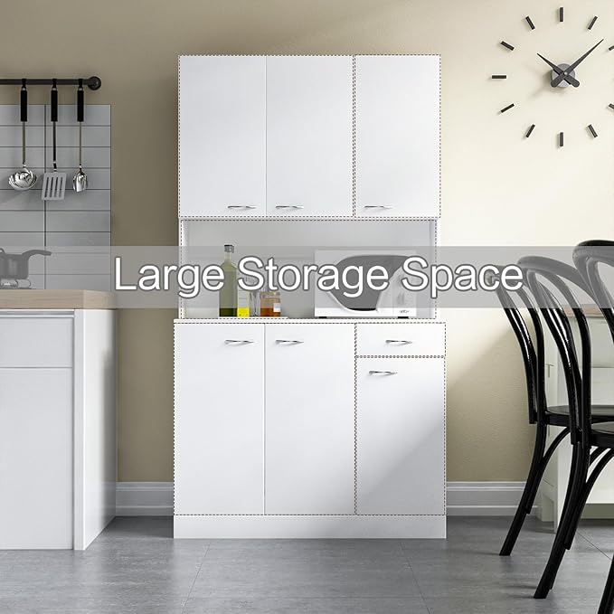 DMAITH 71" White Kitchen Pantry Cabinets with Microwave Stand, 6 Doors & 3 Adjustable Shelves, Freestanding China Cabinet Hutch, Buffet Cabinet with Storage