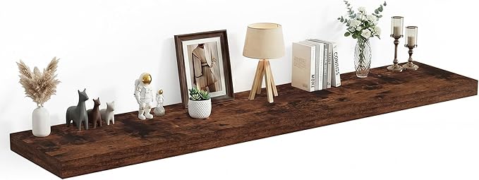Heimlove 12 Inch Deep Floating Shelves, 72 x 12 inches Long Wall Shelf, Large Extra Display Shelf & Storage Shelf, Rustic Wood Wall Shelves for Fireplace Mantel, Rustic Brown - 1Pack