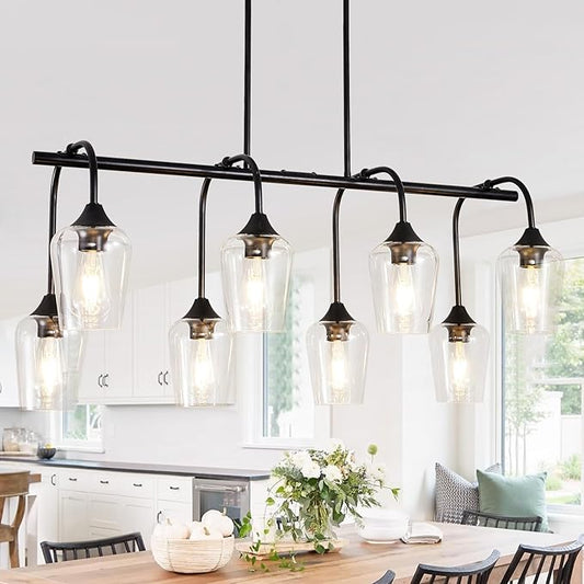 Dining Room Light Fixture/Chandelier Over Table (38inch, 8-Light), Matte Black Kitchen Island Lighting with Clear Glass Shade, Modern Hanging Pendant Lights Fixture for Kitchen Island, Dining Room