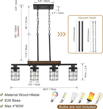 30" Farmhouse Kitchen Light Fixture, Black Hanging Kitchen Chandelier, 4-Light Rustic Dining Room Light Adjustable Height with Wood and Metal Frame, Suit for Farmhouse, Industrial Style
