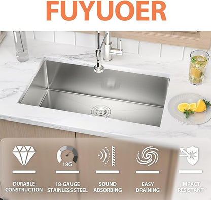 30 Inch Undermount Kitchen Sink 18 Gauge Stainless Steel Under Counter Sink Single Bowl Deep Handmade Single Bowl Kitchen Sink,30"x18"x9"