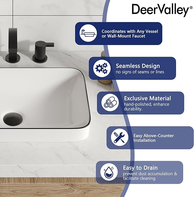 DeerValley Vessel Sink Rectangular, 18.9"x11.61" White Semi Recessed Bathroom Sink with Black Rim Ceramic Porcelain Rectangle Bathroom Vessel Sink Above Counter Vanity Sink Basin DV-1V0235