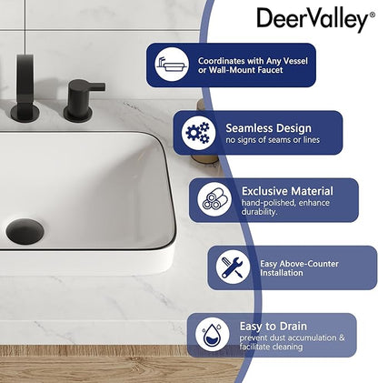 DeerValley 19x12 Inch White Semi Recessed Bathroom Vessel Sink with Black Rim, Ceramic Porcelain Rectangle Above Counter Vanity Sink Basin, DV-1V0235
