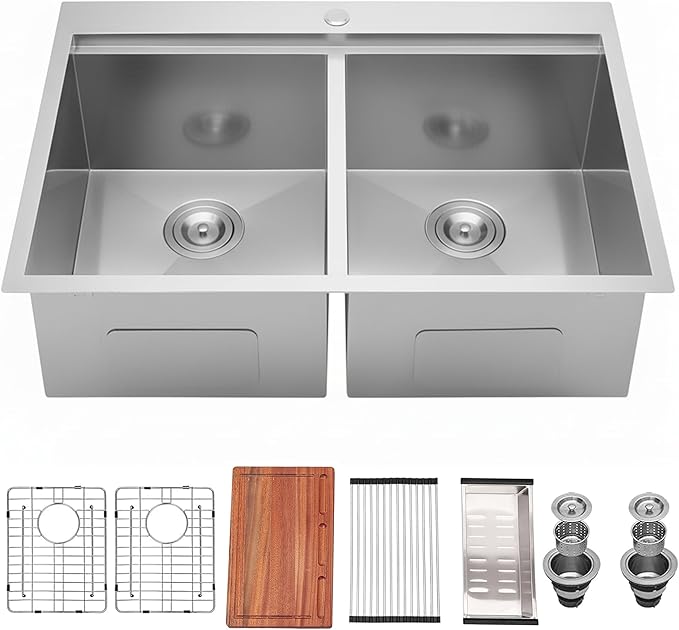 KINGO HOME 50/50 Double Bowl Kitchen Sink, 33x22 Inch Drop In Kitchen Sink, 33 Inch Ledge Workstation 16 Gauge Stainless Steel Topmount Double Basin with Cutting Board