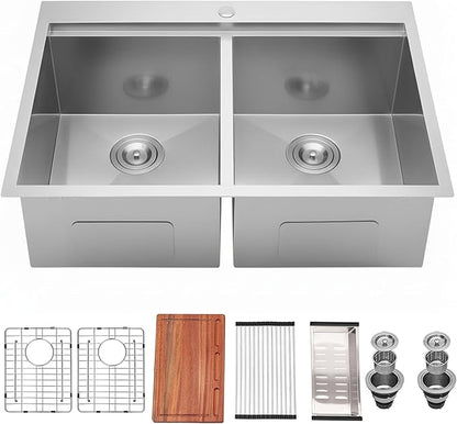 KINGO HOME 50/50 Double Bowl Kitchen Sink, 33x22 Inch Drop In Kitchen Sink, 33 Inch Ledge Workstation 16 Gauge Stainless Steel Topmount Double Basin with Cutting Board