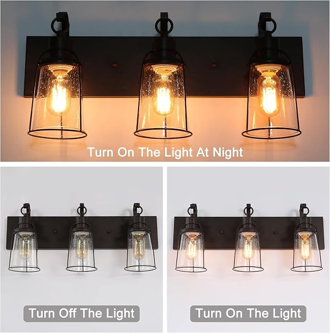 LALUZ Farmhouse Rusty Bathroom Light Fixtures, 3-Light Vanity Lights with Seeded Glass Shade Over Mirror