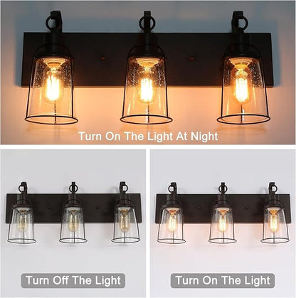 LALUZ Farmhouse Rusty Bathroom Light Fixtures, 3-Light Vanity Lights with Seeded Glass Shade Over Mirror