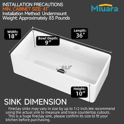 Miuara Farmhouse Sink 36 Inch - Extra Large Apron Front Kitchen Sink Reversible 36"x18"x10", Undermount Installation, Farm House ﻿Style Single Bowl, Solid Fireclay, Glossy White, for Kitchen