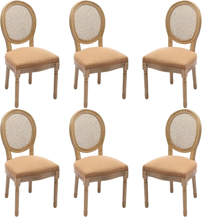 Linen Wooden Dining Chair Set of 6, Upholstered Farmhouse Dining Chair with Solid Wood Frame, Kitchen & Dining Room Chairs for Living Room, Restaurant, Bedroom (Tan-Rattan, Set of 6)