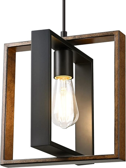 EDISHINE Farmhouse Pendant Light Fixture, Rustic Hanging Light Fixture with Wood Grain and Black Finish, Pendant Lighting for Kitchen Island, Dining Room, Hallway, Adjustable Cord
