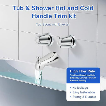 2 Piece Bathtub Shower Knob Replacement, with Diverter Bath Tub Spout Kit, Hot and Cold Faucet Knobs Compatible with Price Pfister Verve Tub Shower (Chrome)
