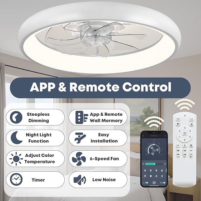 Fszdorj 20'' Ceiling Fan with Light, Upgraded Low Profile Fan, Flush Mount Ceiling Fan, 6 Speeds, Dimmable LED, App & Remote Control, Quiet DC Motor, for Bedroom, Living Room, F109 White