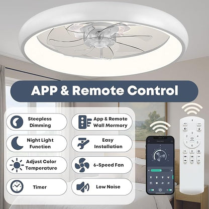 Fszdorj 20'' Ceiling Fan with Light, Upgraded Low Profile Fan, Flush Mount Ceiling Fan, 6 Speeds, Dimmable LED, App & Remote Control, Quiet DC Motor, for Bedroom, Living Room, F109 White