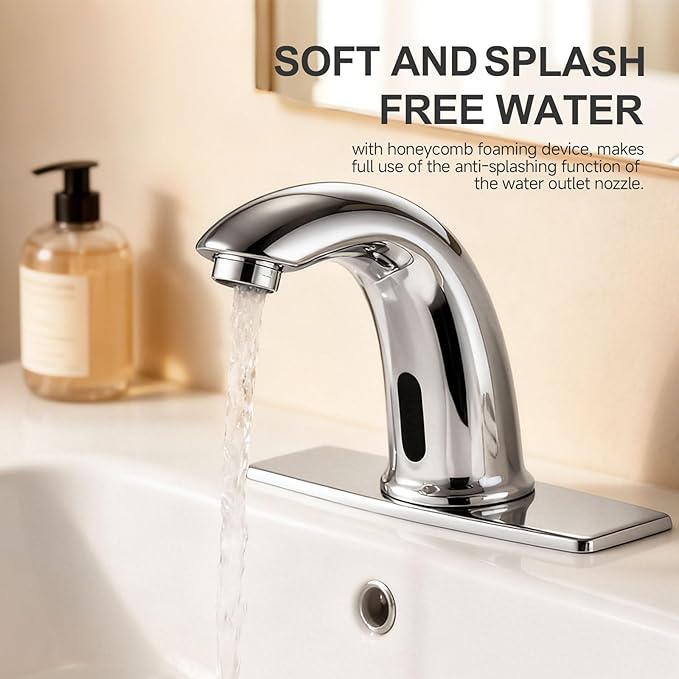 Automatic Touchless Bathroom Sink Faucet Bathroom Tap with Deck Plate, Battery or Plug-in Powered, Commercial Auto Motion Sensor Hot Cold Mixer Solid Brass Faucet, 1 Hole or 3 Hole, Chrome