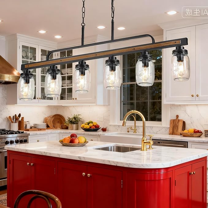 6-Light Rustic Farmhouse Dining Room Light, Black Mason Jar Chandelier Lighting Fixture for Kitchen Island, Dining Room, E26 Cluster Hanging Pendant Light with Jar Glass Shade