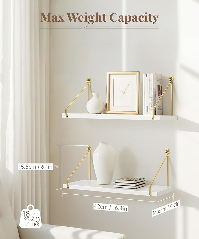 Afuly Floating Shelves for Wall, Metallic Gold White Wall Mounted Shelves, Shelves for Bathroom Kitchen Bedroom Solid Wood Metal Chic Bookshelf, Set of 2