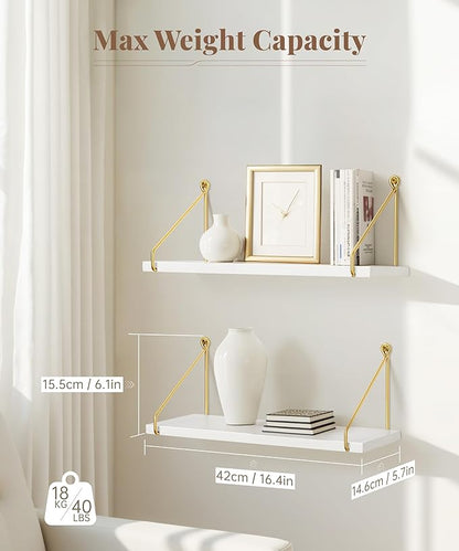 Afuly Floating Shelves for Wall, Metallic Gold White Wall Mounted Shelves, Shelves for Bathroom Kitchen Bedroom Solid Wood Metal Chic Bookshelf, Set of 2