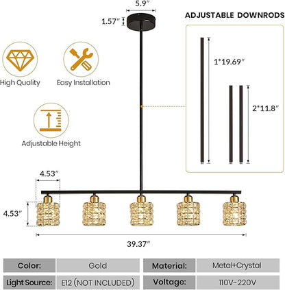 5-Light Linear Crystal Chandelier, Black and Gold Dining Room Light Fixtures Over Table, Adjustable Height Farmhouse Pendant Lights Kitchen Island for Dining Room