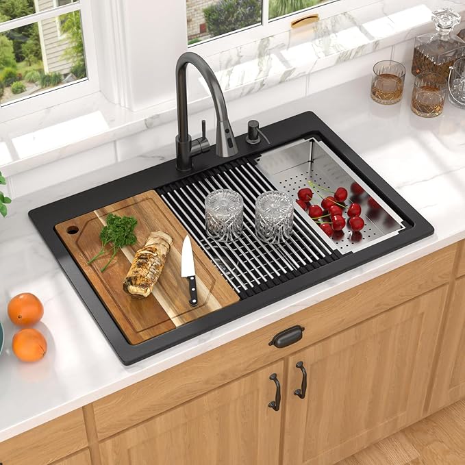 33 Inch Granite Composite Kitchen Sink - Matte Black Drop In Granite Kitchen Sink, Workstation All-In One Classic Quartz Top Mount Single Bowl Sinks for Modern Kitchen, 33"x22" #TLGT-123