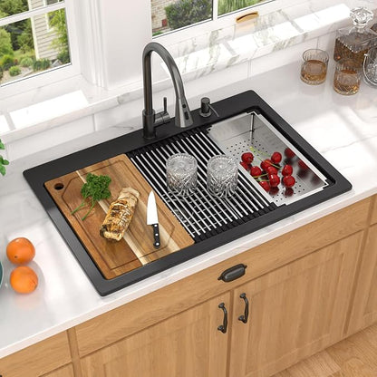 33 Inch Granite Composite Kitchen Sink - Matte Black Drop In Granite Kitchen Sink, Workstation All-In One Classic Quartz Top Mount Single Bowl Sinks for Modern Kitchen, 33"x22" #TLGT-123