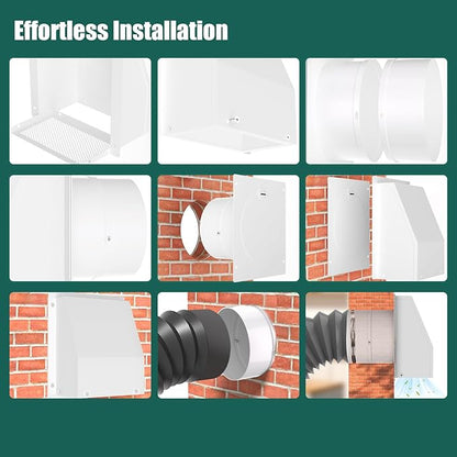 8 Inch Hooded Wall Vent Cover with Screen and Damper, Outdoor Wall Exhaust Vent Cover Wall Cap for Exterior Kitchen Range Hood Ventilation Dryer HVAC Duct Air Exhaust, Galvanized Steel - White