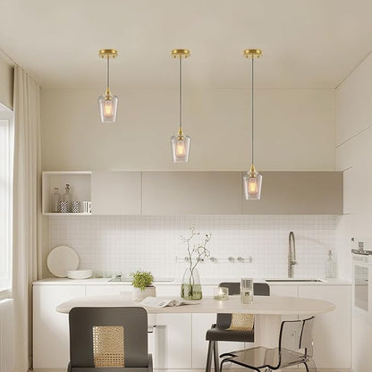 Ralbay Farmhouse Brushed Gold Pendant Light 3-Pack, Pendant Light Fixtures with Wine Clear Glass Shade, Kitchen Island Lighting for Dining Room, Rustic Adjustable Hanging Lighting Fixture