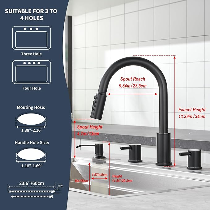 Tohlar 4 Hole Kitchen Faucet, Brushed Gold Kitchen Faucet with Soap Dispenser and Pull Down Sprayer 3 Modes Kitchen Sink Faucets, Stainless Steel High Arch Kitchen Sink Faucet with Separate Handle