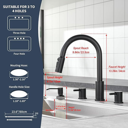 Tohlar 4 Hole Kitchen Faucet, Brushed Gold Kitchen Faucet with Soap Dispenser and Pull Down Sprayer 3 Modes Kitchen Sink Faucets, Stainless Steel High Arch Kitchen Sink Faucet with Separate Handle