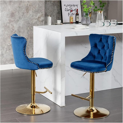 Golden Swivel Velvet Barstools Adjusatble Seat Height from 25-33 Inch,Modern Upholstered Bar Stools with Backs Comfortable Tufted for Home Pub and Kitchen Island,Blue,Set of 2,for Living Room