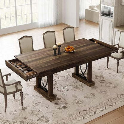 Garvee 71-Inch Dining Table for 6-8 with 2 Drawers, Large Dining Table with Sturdy Frame & Double Pedesta, 6 ft Wood Rectangular Dining Room Table w/Large Tabletop, for Kitchen, Dinner, Walnut