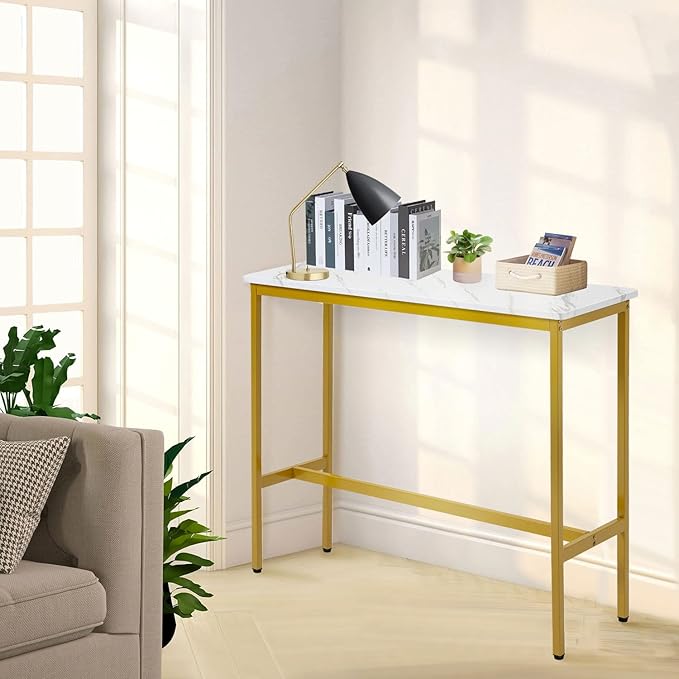 44.5" Bar Table, Pub Table with Adjustable Feet Floor Protector, Narrow Rectangular Kitchen Counter Bar Tables, Sofa High Top Bar Tables with Gold Metal Legs, White