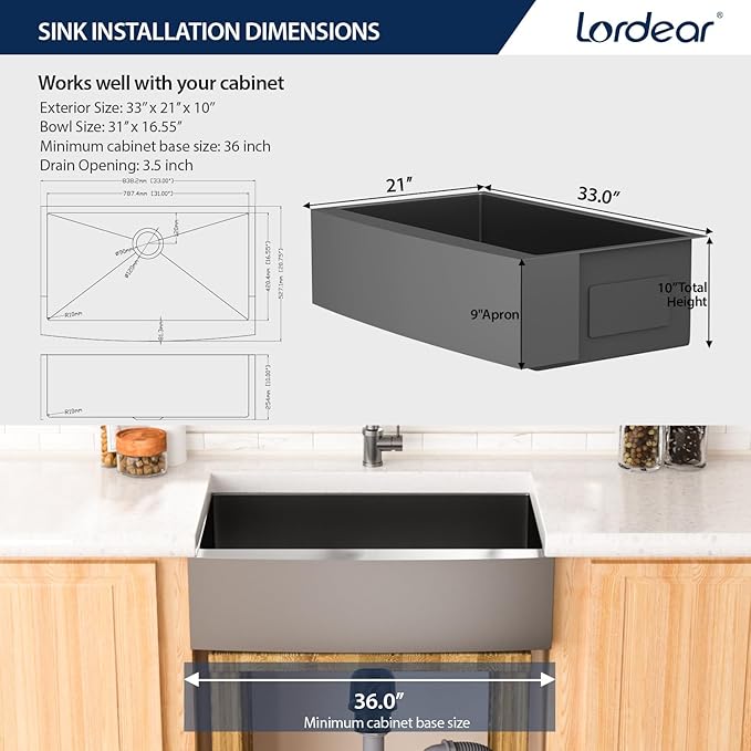 Lordear Gunmetal Black Farmhouse Sink Stainless Steel Farm 33 inch16 Gauge Apron Front Deep Single Bowl Stainless Steel Kitchen Farm Farmer Style Sinks
