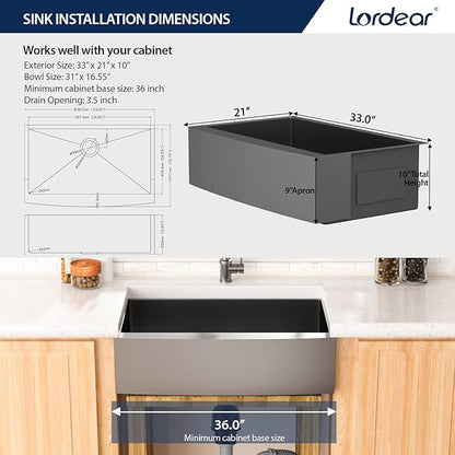 Lordear Gunmetal Black Farmhouse Sink Stainless Steel Farm 33 inch16 Gauge Apron Front Deep Single Bowl Stainless Steel Kitchen Farm Farmer Style Sinks