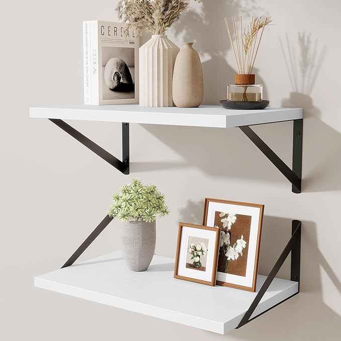 Acovy Floating Shelves for Wall,18" Wall Mounted Shelves Set of 2,Wood Floating Shelf with Bracket,Sturdy Metal Bracket Bookshelves Home Decor Storage for Living Room,Bedroom,Bathroom,Kitchen,White