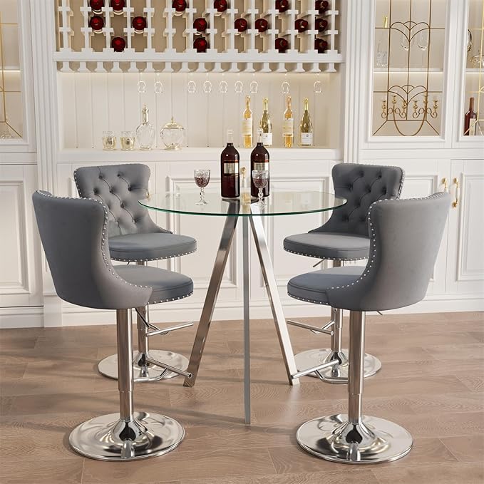 yeag 31.5'' Modern Luxury Glass Bar Table Set for 4, Round Pub Table Cocktail Table and 4 Adjustable Velvet Swivel Barstools Island Chairs for Bistro (Silver Metal Legs, Clear Top + Grey Chair)