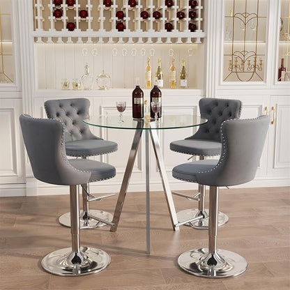 yeag 31.5'' Modern Luxury Glass Bar Table Set for 4, Round Pub Table Cocktail Table and 4 Adjustable Velvet Swivel Barstools Island Chairs for Bistro (Silver Metal Legs, Clear Top + Grey Chair)