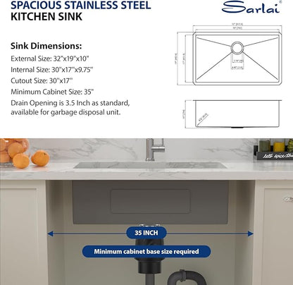Sarlai 32 Matte Black Undermount Kitchen Sink - 32x19 Inch Kitchen Sink Undermount with Ledge NANO-Tech Round Corner 16 Gauge Stainless Steel Single Bowl Sinks Basin
