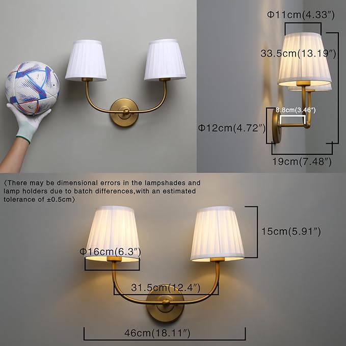 PERMO Vintage Wall Sconce Double Gold wall sconces with Pleated White Stripe Fabric Shades Retro 2 Lights Wall Sconce Hardwired for Living Room Bedroom Hallway
