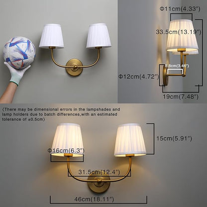 PERMO Vintage Wall Sconce Double Gold wall sconces with Pleated White Stripe Fabric Shades Retro 2 Lights Wall Sconce Hardwired for Living Room Bedroom Hallway