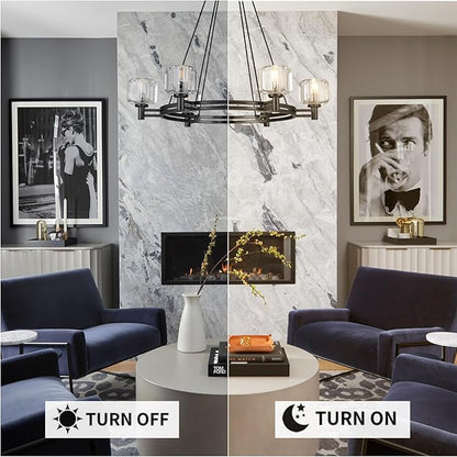 Black Round Crystal Chandelier, 36" K9 Crystal Chandeliers for Dining Room Over Table, Wagon Wheel Chandeliers for Dining Room,Living Room,Foyer,Includes 6XE12 Bulbs