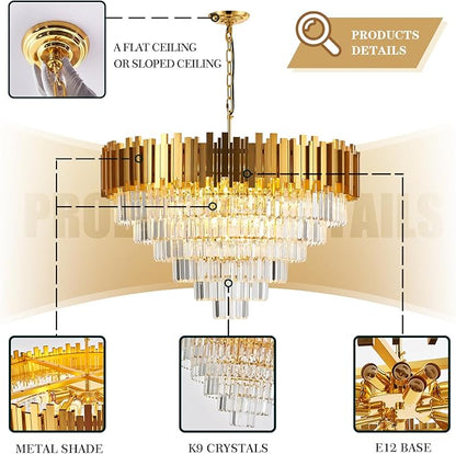 18-Lights 6 Tiers Gold Crystal Chandeliers Luxury 31.5" Modern Crystal Pendant Chandelier Round Hanging Lighting for Living Room Foyer High Ceiling Bedroom Restaurant