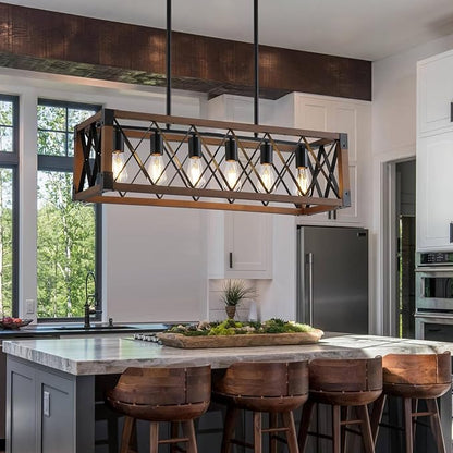 Dining Room Light Fixture/Chandelier Over Table,Matte Black Rustic Wood Ceiling Pendant Light,6-Light Kitchen Island Lighting Fixtures, Linear Farmhouse Chandeliers for Dining Room,Kitchen Island