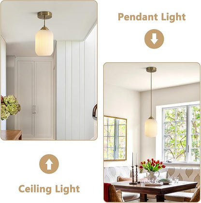 KCO Lighting Mini Milk Glass Pendant Light Small Ribbed Glass Ceiling Light Modern Globe Pendant Lighting White and Gold Ceiling Hanging Lights Mid Century Brass Pendant Light Fixture 2 Pack