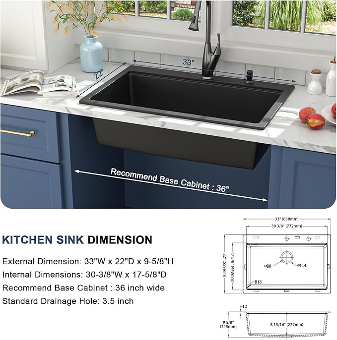 Lordear 33 Granite Composite Kitchen Sink Drop In Black Kitchen Sink 33x22 Workstation Topmount Sink Matte Black Quartz Above Counter Single Bowl Sink Basin