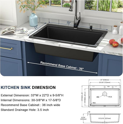 Lordear 33 Granite Composite Kitchen Sink Drop In Black Kitchen Sink 33x22 Workstation Topmount Sink Matte Black Quartz Above Counter Single Bowl Sink Basin