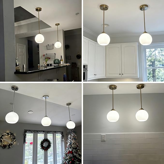 2 Pack 7.2-Inch Globe Pendant Lights, Mid Century Gold Pendant Light Fixtures, Globe Pendant Lights Kitchen Island with Milk Glass Shade Adjustable Hanging Fixture for Dining Room (Bulbs not Included)