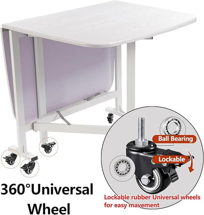 Folding Dining Table, Moveable Kitchen Desk with Wheels, Foldable Dining Table, Space Saving Desk, for Restaurant Room, Kitchen, Living Room, Rustic White, 47.2×31.5×29.5in, for 4-8 People