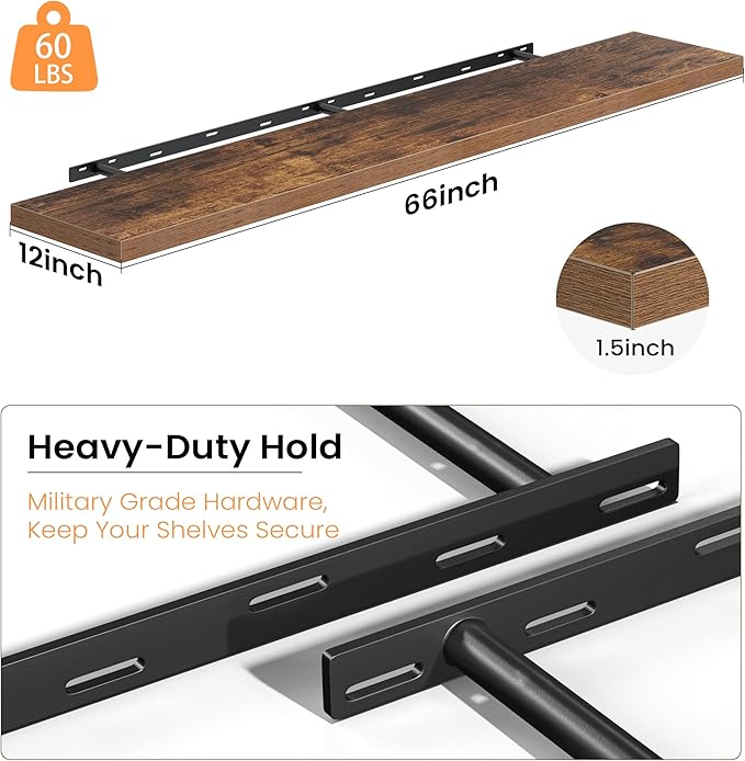 Fun Memories 66 Inch Floating Shelves, 12 Inch Deep Wall Shelf for Fireplace Mantel, Rustic Brown Deep Storage Shelves for Home & Office, Long Floating Shelf with Invisible Bracket, Set of 1