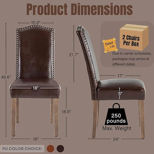 Upholstered Dining Chair Modern Stylish Parsons Kitchen Diner High Back with Silver Nailhead Trim & Wood Legs, Set of 2, PU Leather Dark Brown